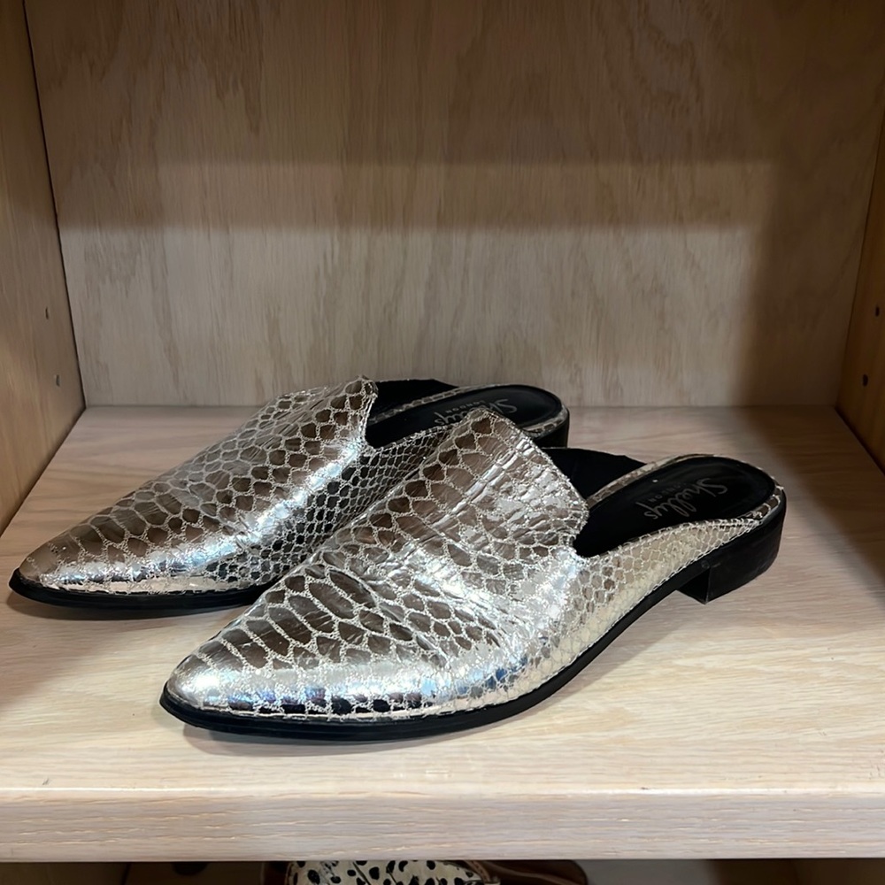 Silver snake embossed mules